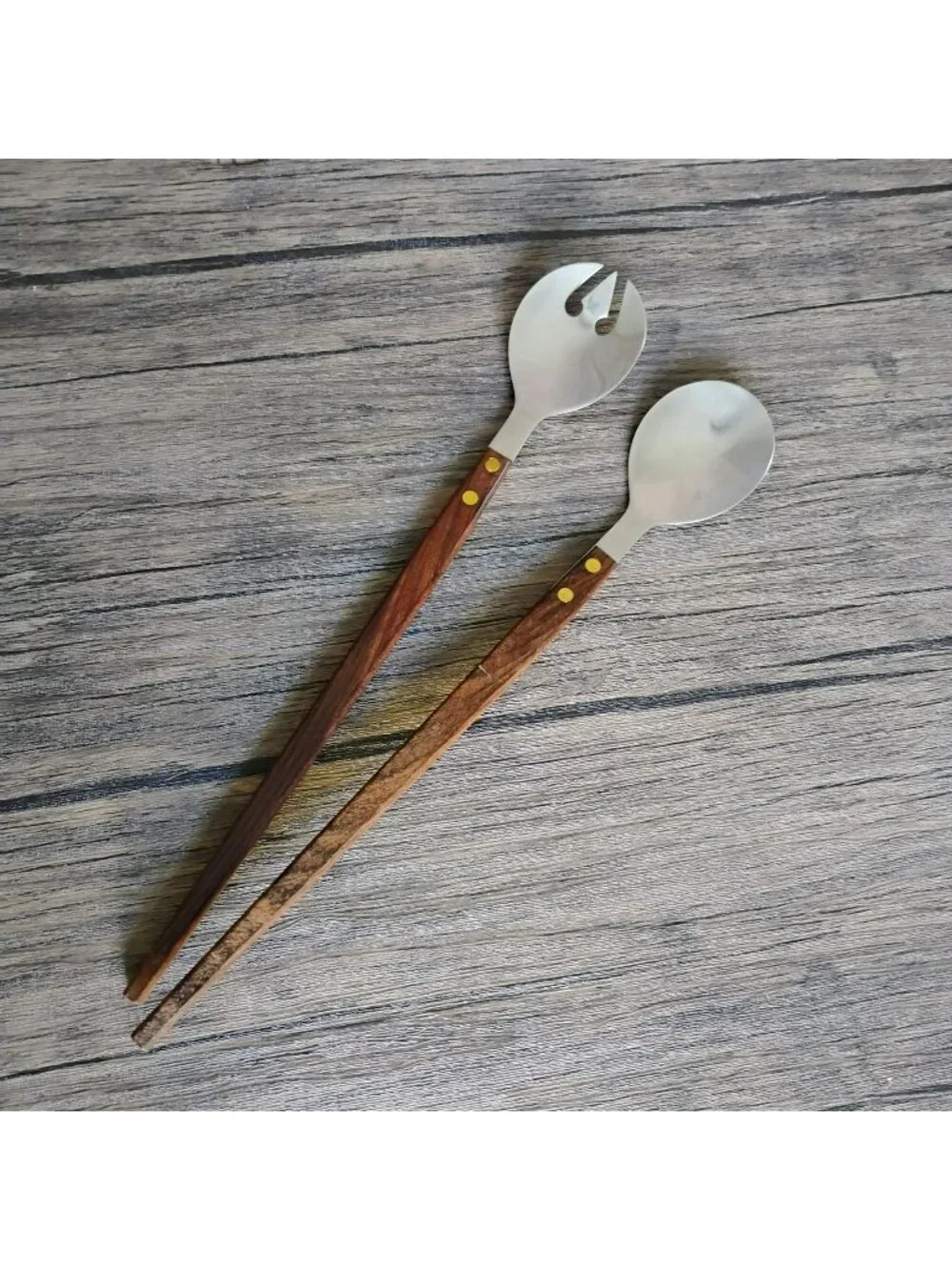 Vintage Salad Serving Set Wood Handle Stainless Steel Japan MCM Mid-Century